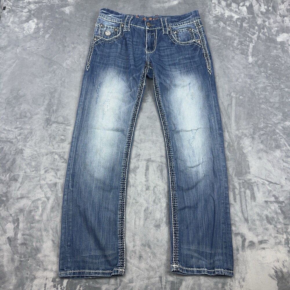 Rock Revival Adley Straight Denim Jeans Mens Size 31 Distressed Thick Stitch